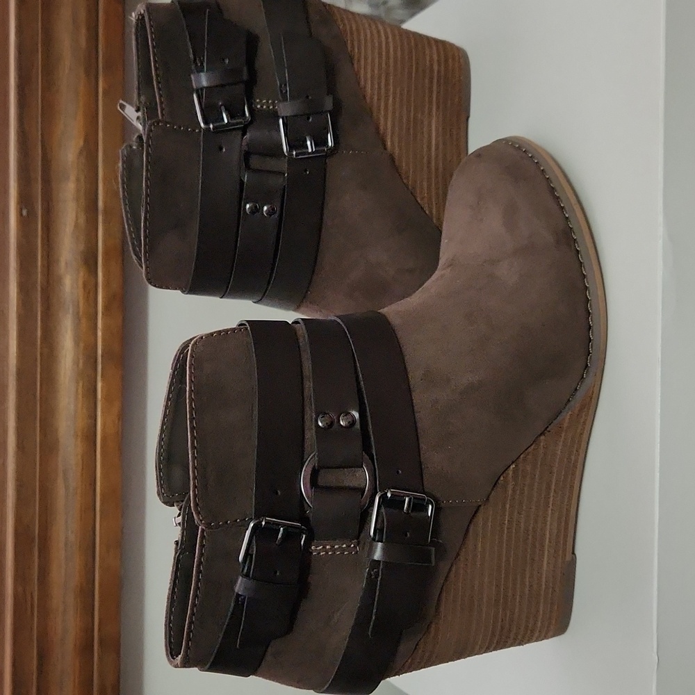 Brown Wedge Ankle Boots with Buckle Strap Detail